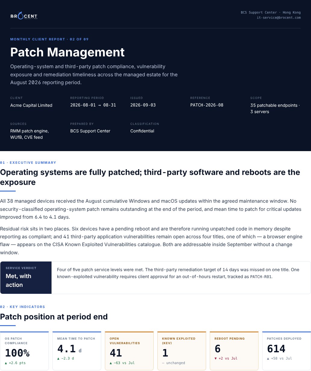 Cover of a sample monthly patch management report