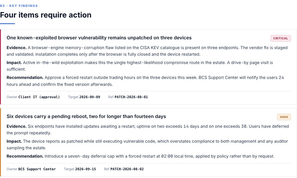 Sample report page listing key findings by severity with evidence and recommendations