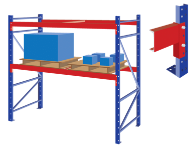 Diagram of a standard pallet warehouse rack with labelled beam and upright components