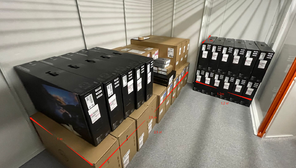 IT hardware stored on warehouse shelving with measured storage volume marked for billing