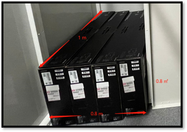 Boxed IT devices stacked in a warehouse storage bay with dimension measurements marked