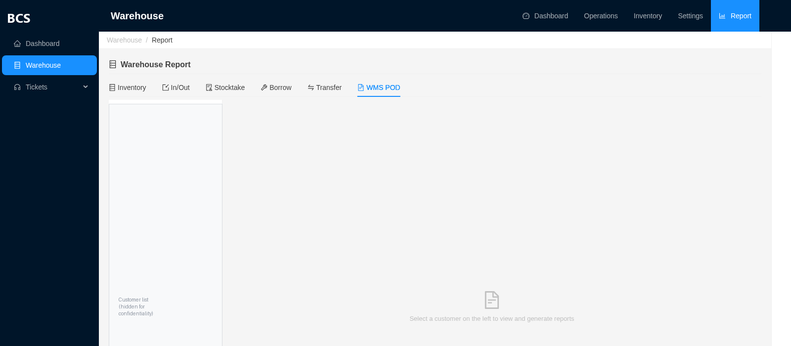 BCS warehouse Contract and Occupation Reports screen with a per-customer contract report generator