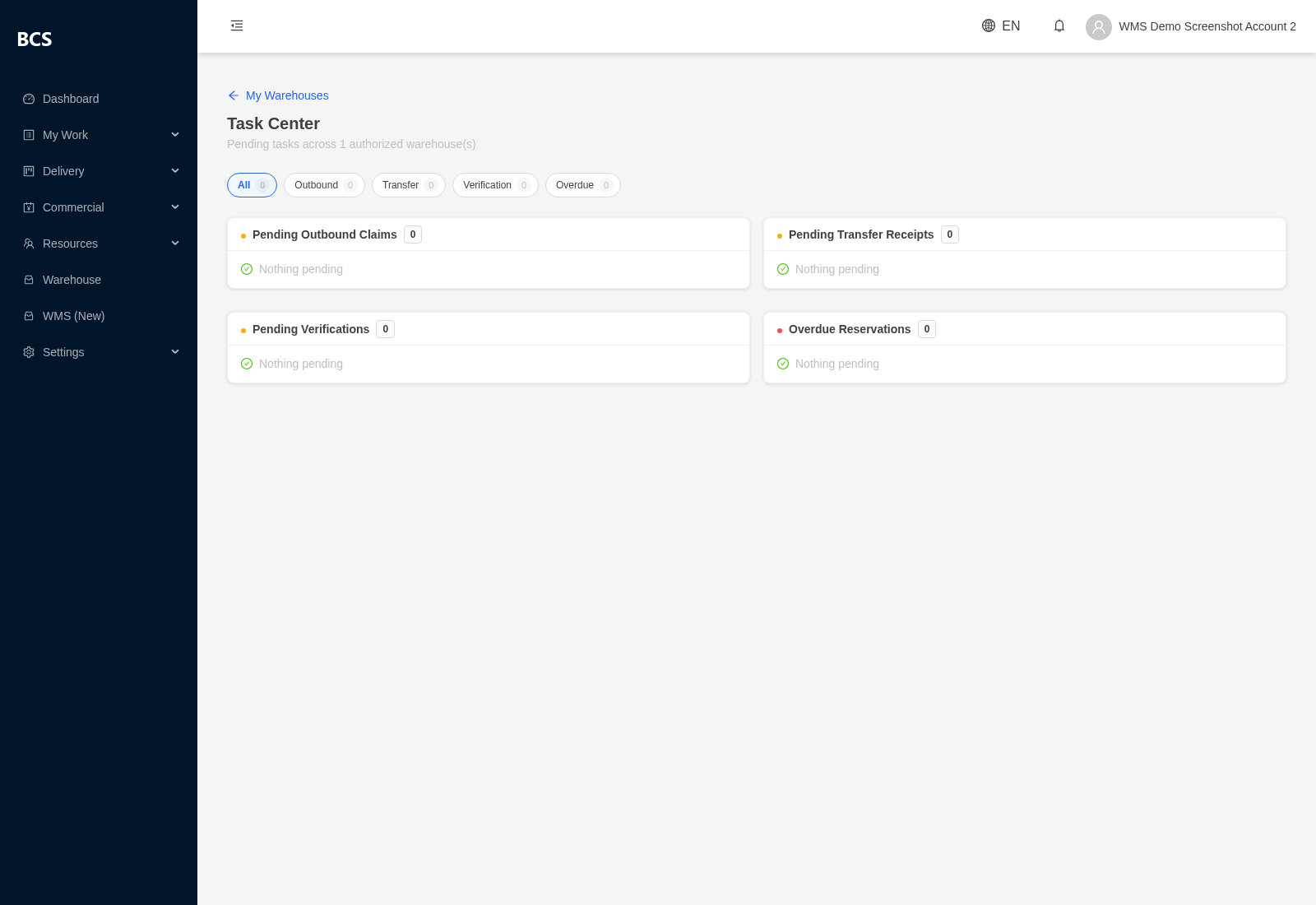 Supplier portal Task Center screen aggregating pending work across every authorized warehouse