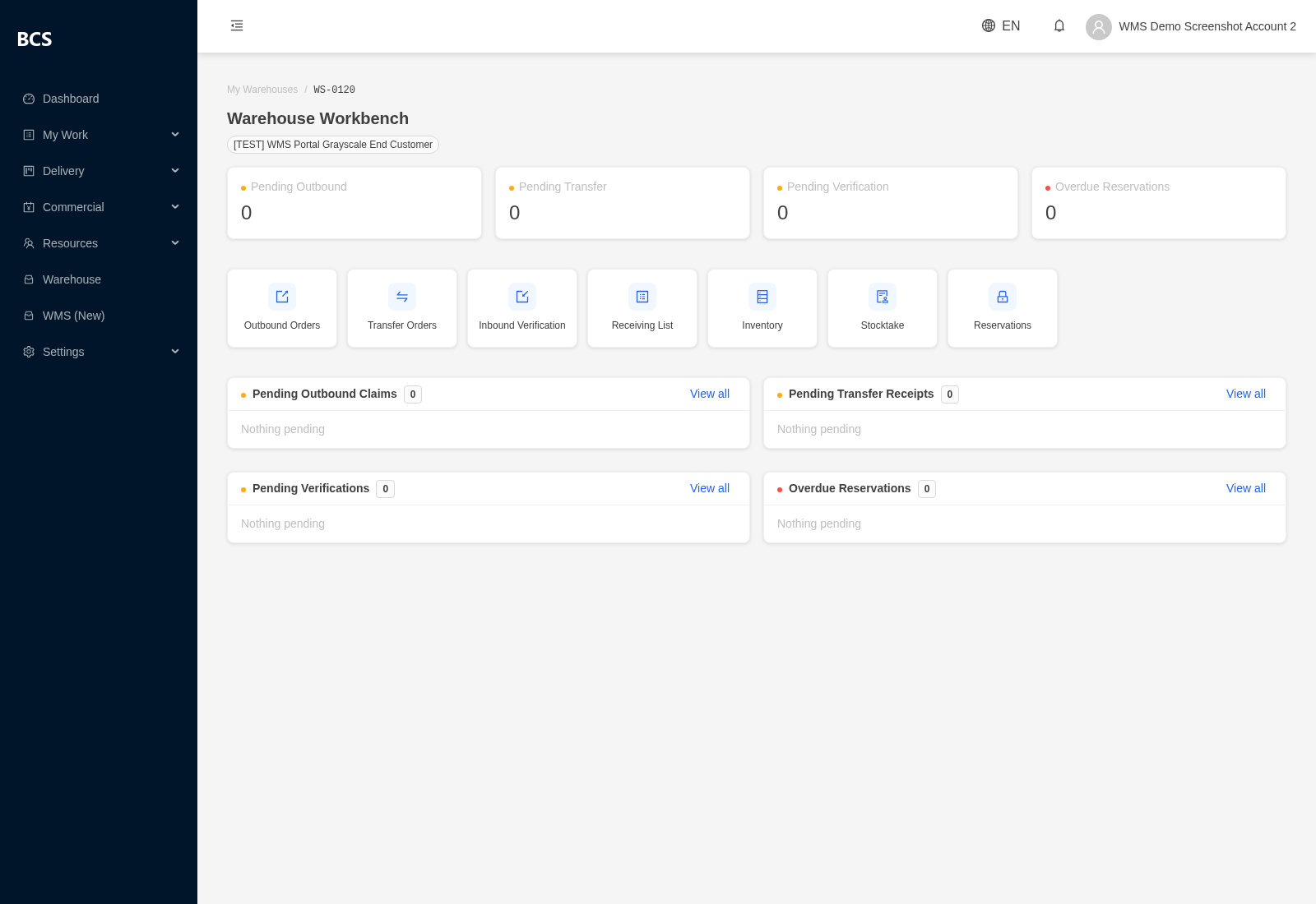 Supplier portal Workbench screen showing one warehouse's task queue and quick-access modules