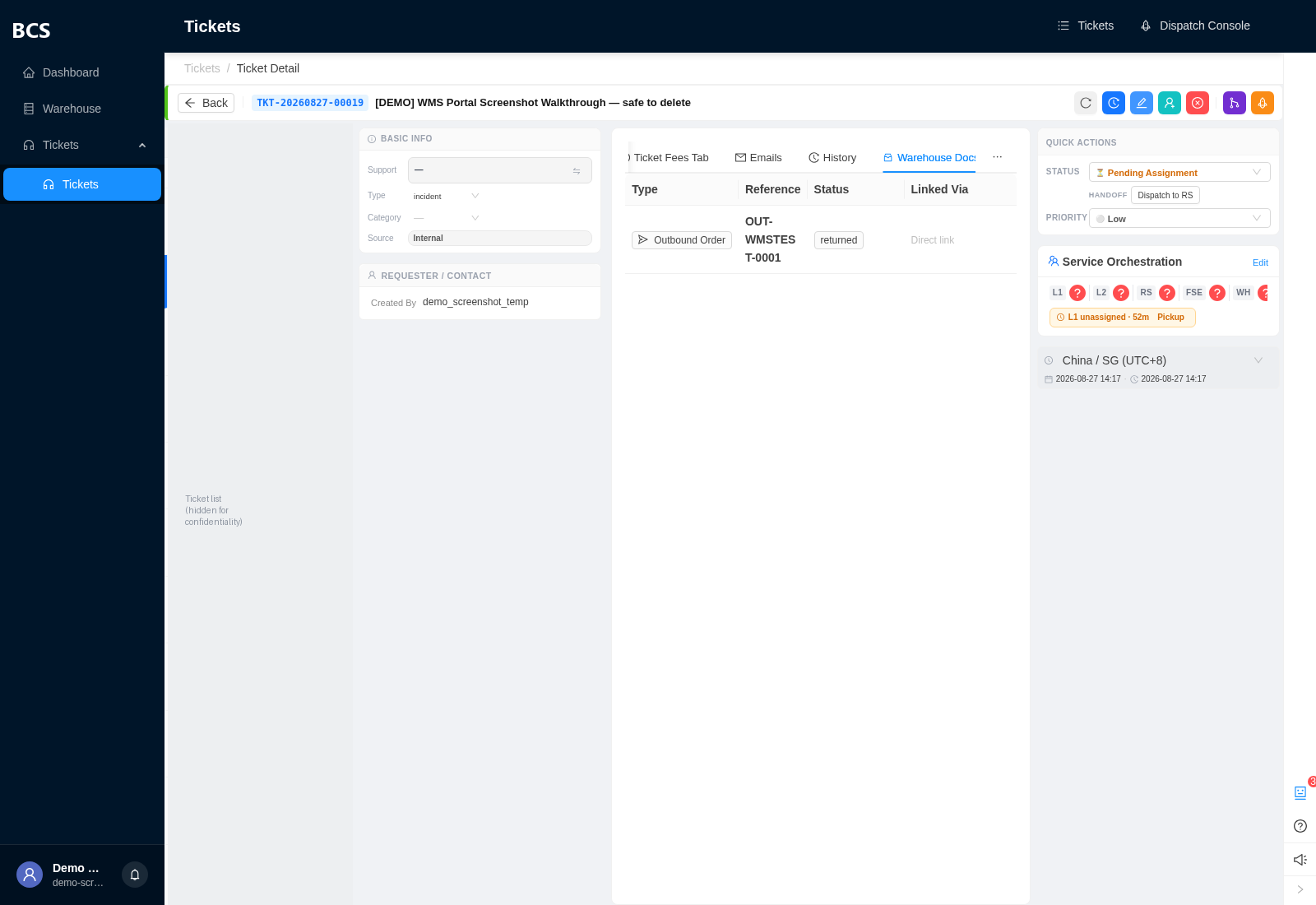 Support ticket detail page showing the read-only Warehouse Docs tab with a linked Outbound Order